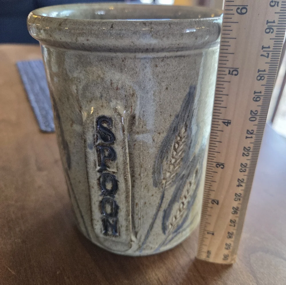 Pottery Crock Marked 'Spoons' Tan/Gray Glaze With Blue Wheat Sheafs